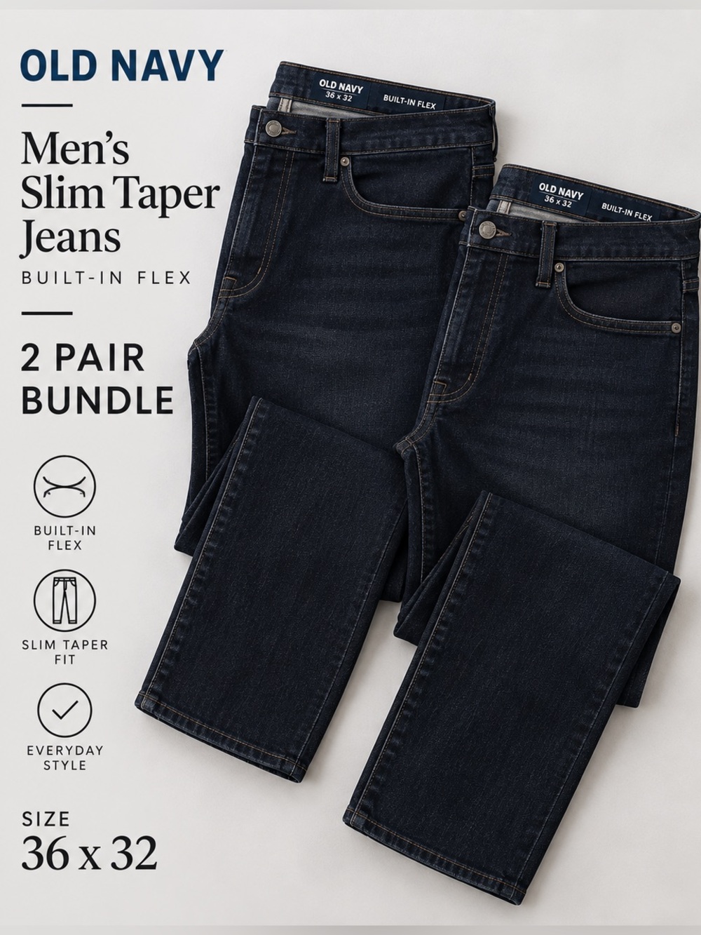 2 Pair Bundle Old Navy Men’s 36x32 Slim Taper Built-In Flex Jeans